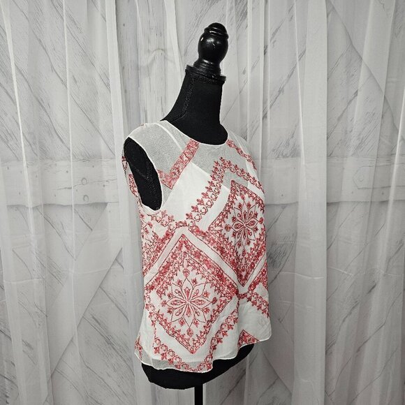 NWT Cynthia Vincent Twelfth Street White Red Floral Embroidered Boho Tank Top S - Picture 3 of 14